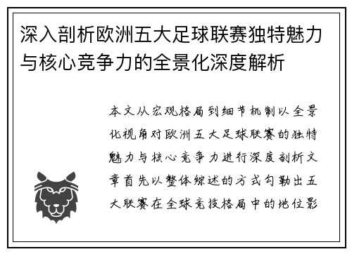 深入剖析欧洲五大足球联赛独特魅力与核心竞争力的全景化深度解析